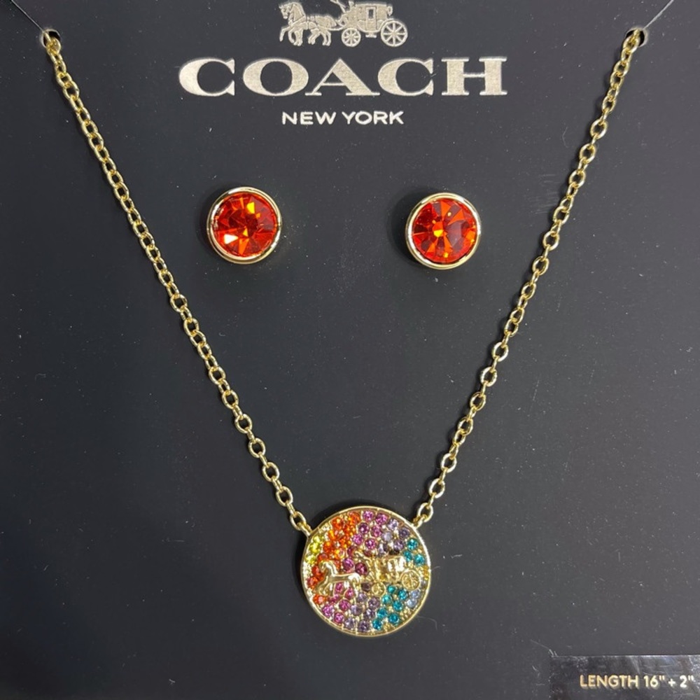 COACH Horse Carriage Crystal Necklace & Stud Earrings Set